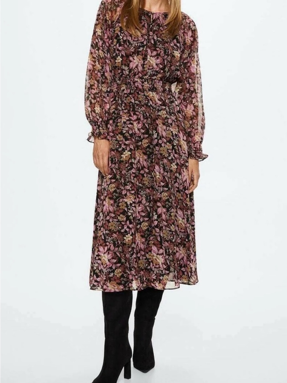 Mango Pink Floral Midi Dress on Black Base